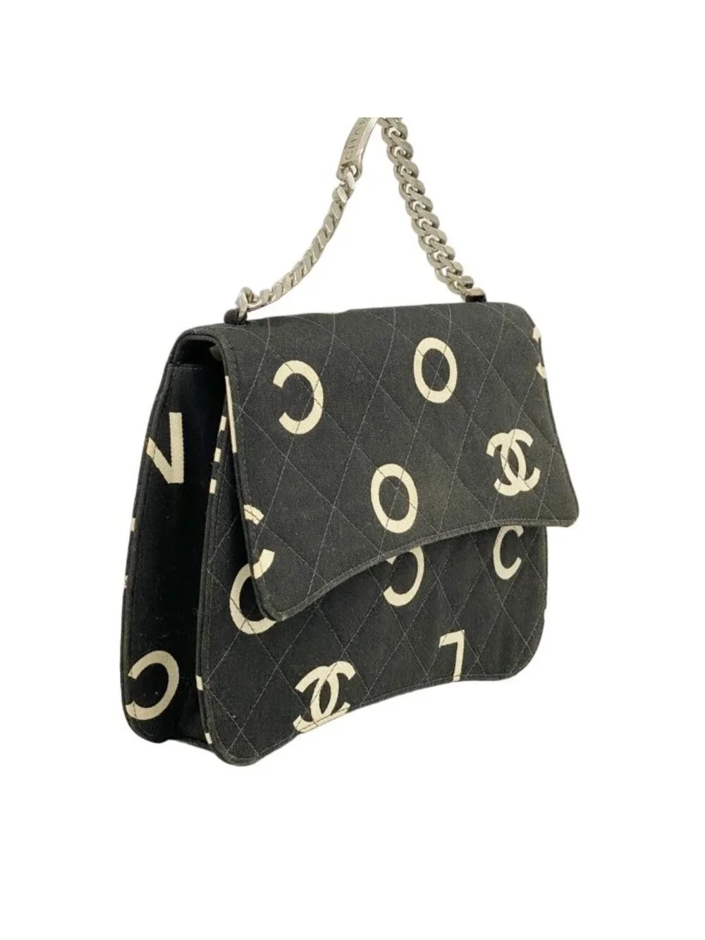 Chanel Handbag Canvas Black White Silver